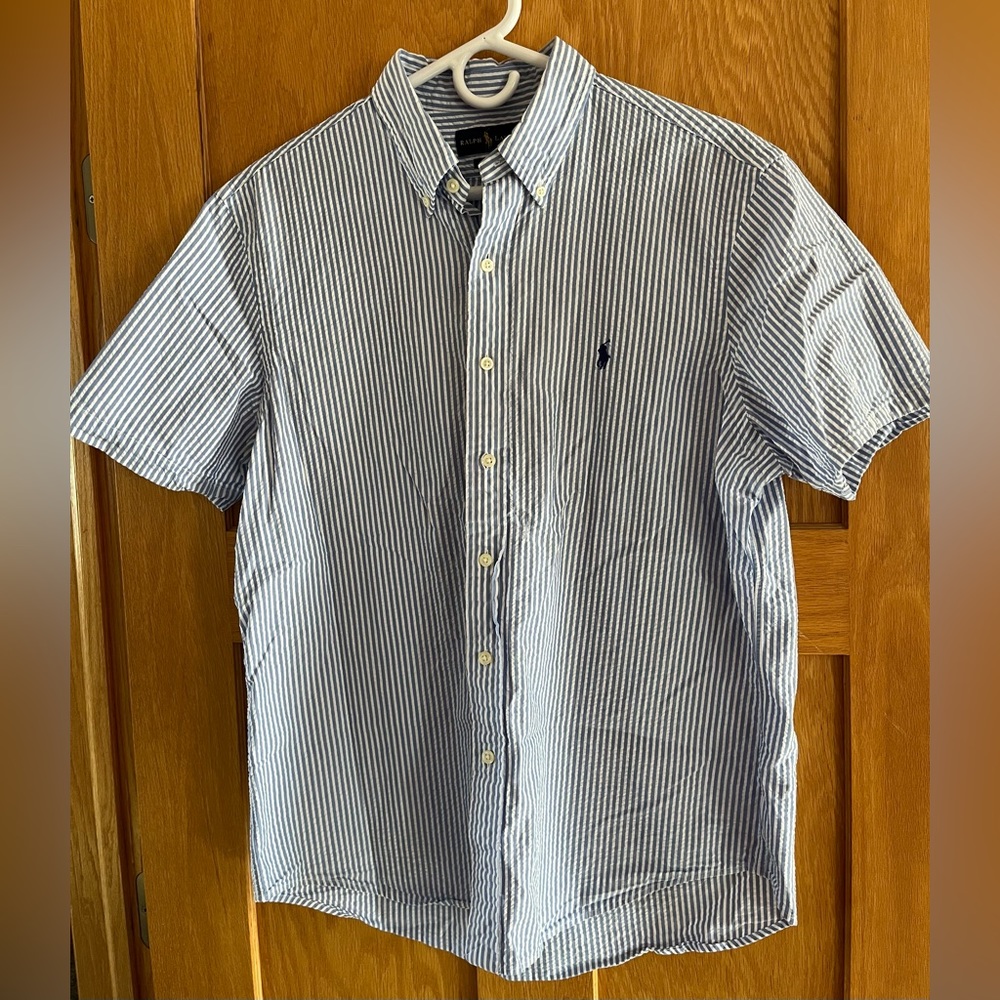 Ralph Lauren Men’s short sleeve seersucker shirt blue & white striped textured L